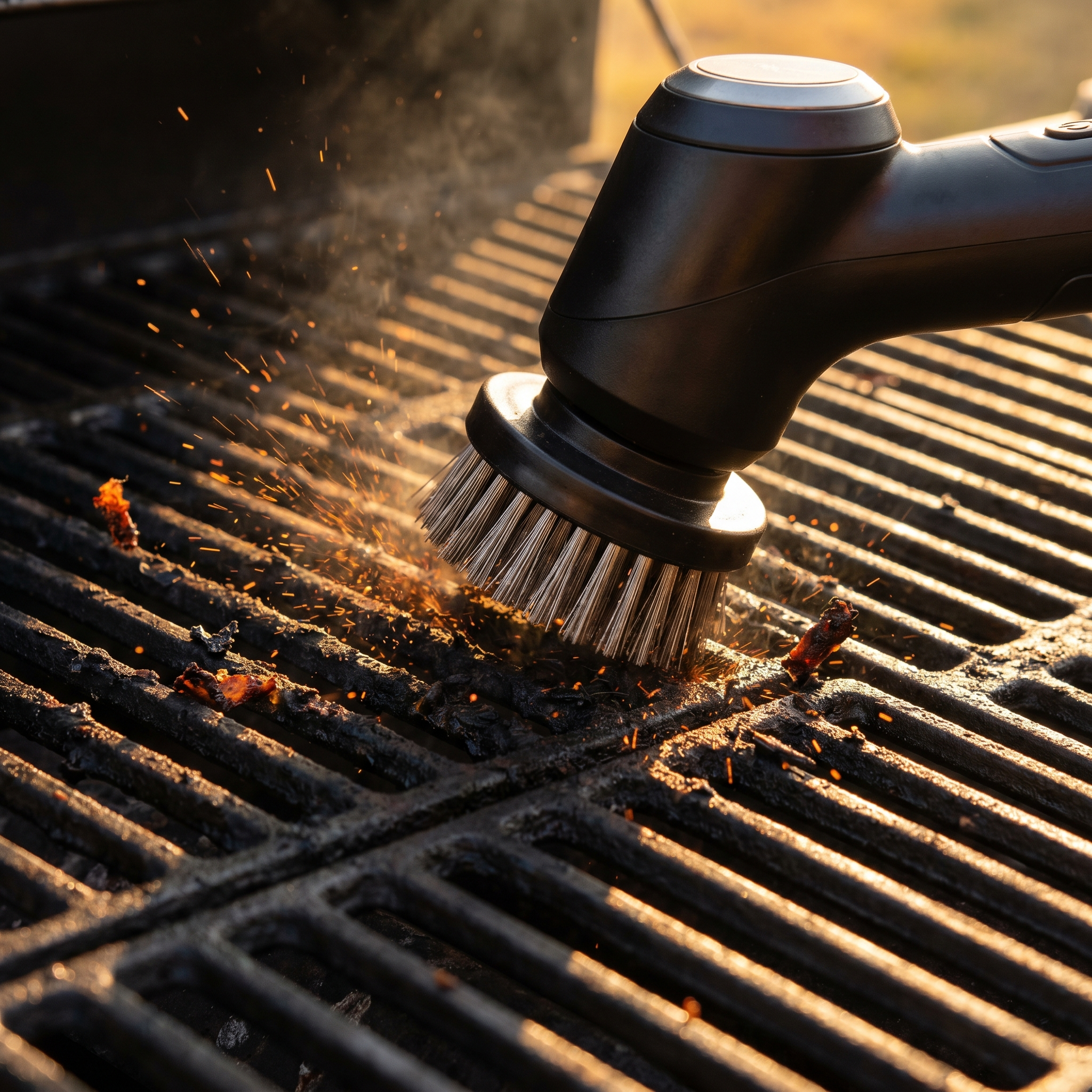 GrillSpark Pro in use — oscillating head cleaning grill grates