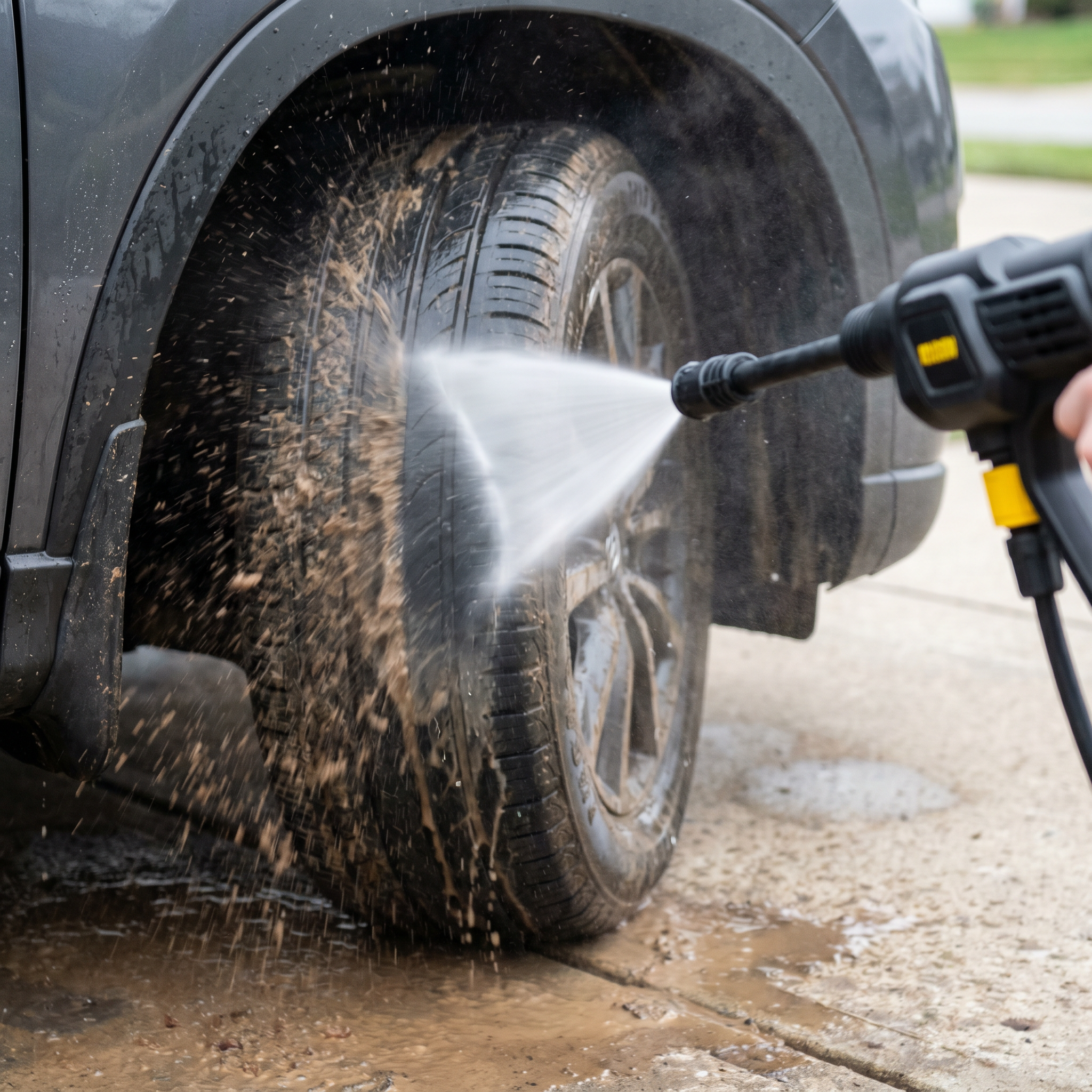 JetRinse™ blasting dirt off car wheel — cordless pressure washer in action