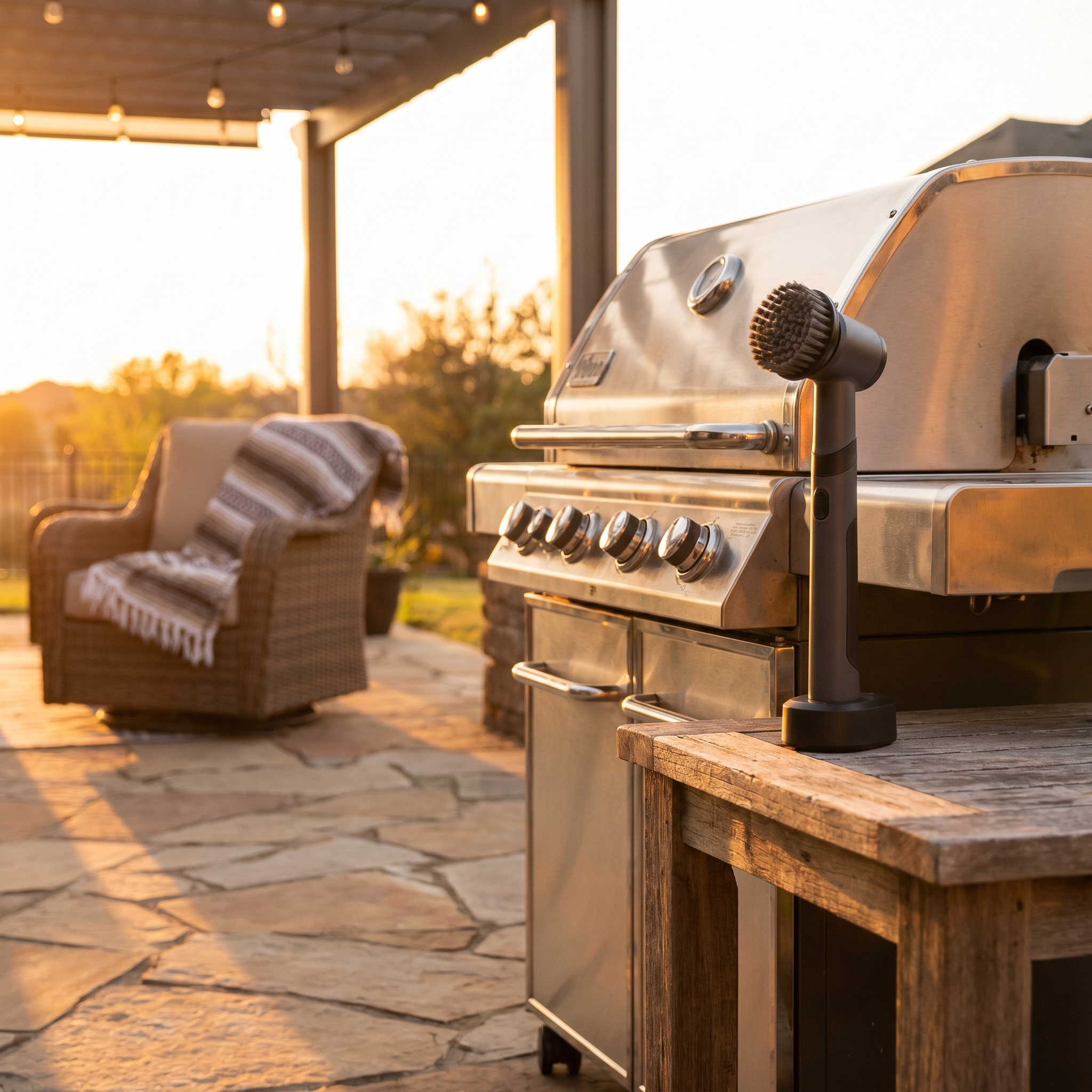 GrillSpark Pro on patio beside gas grill — Father's Day lifestyle