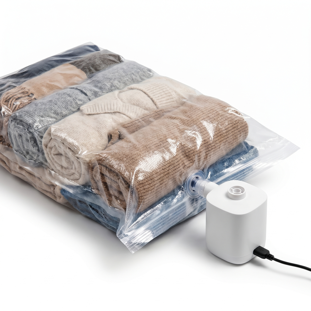 Single vacuum compression bag with USB pump