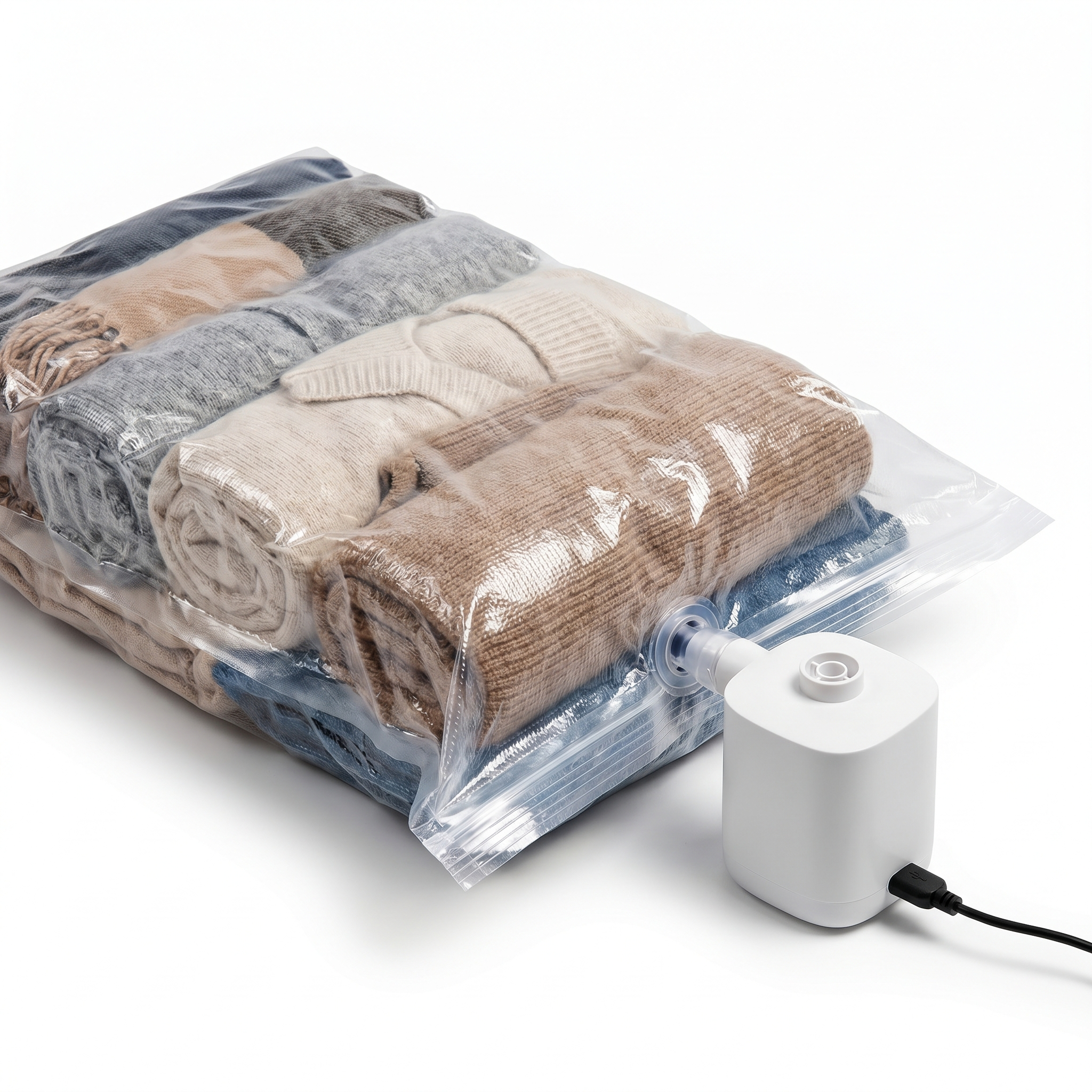 Single vacuum compression bag with USB pump