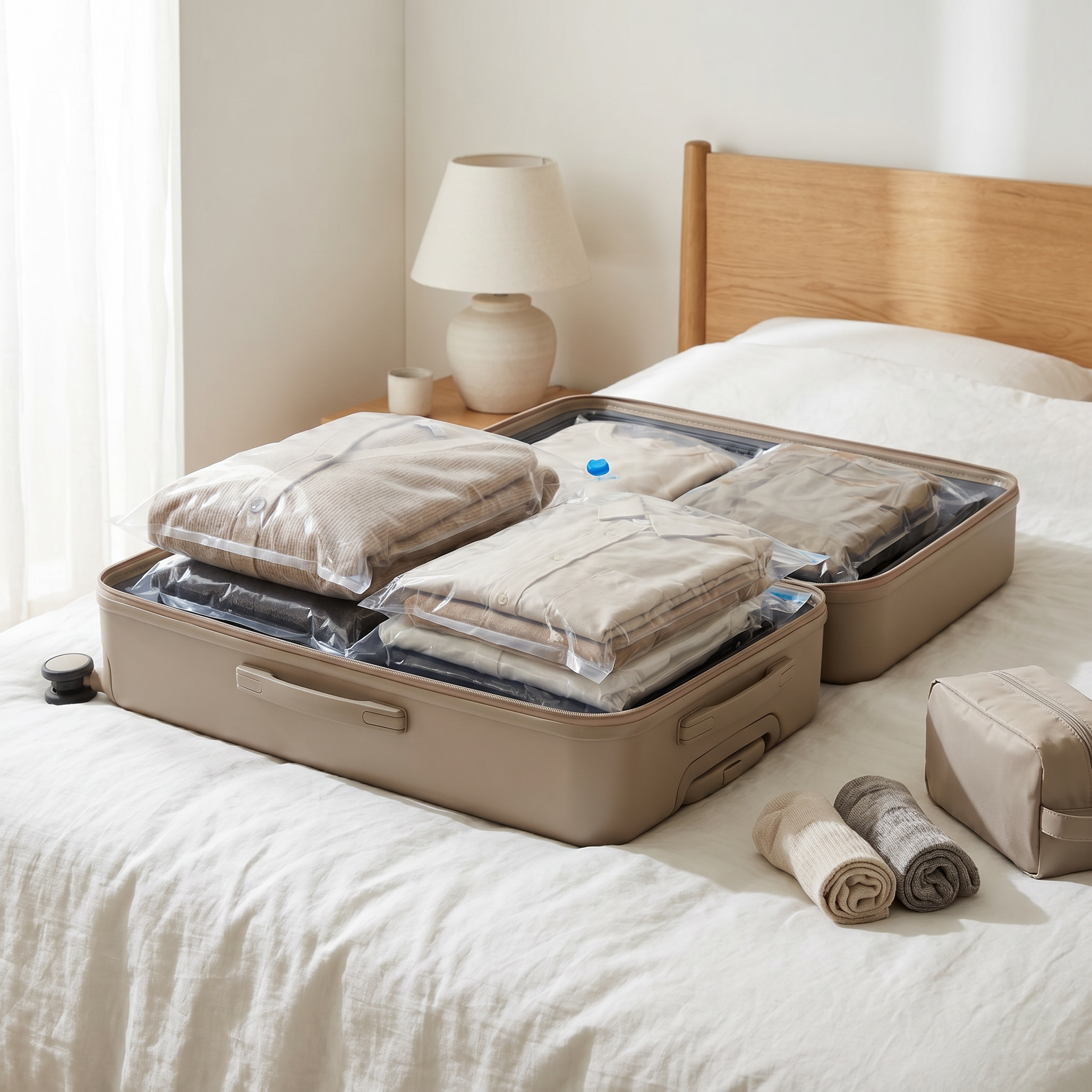 Before and after — clothes compressed flat in vacuum storage bag