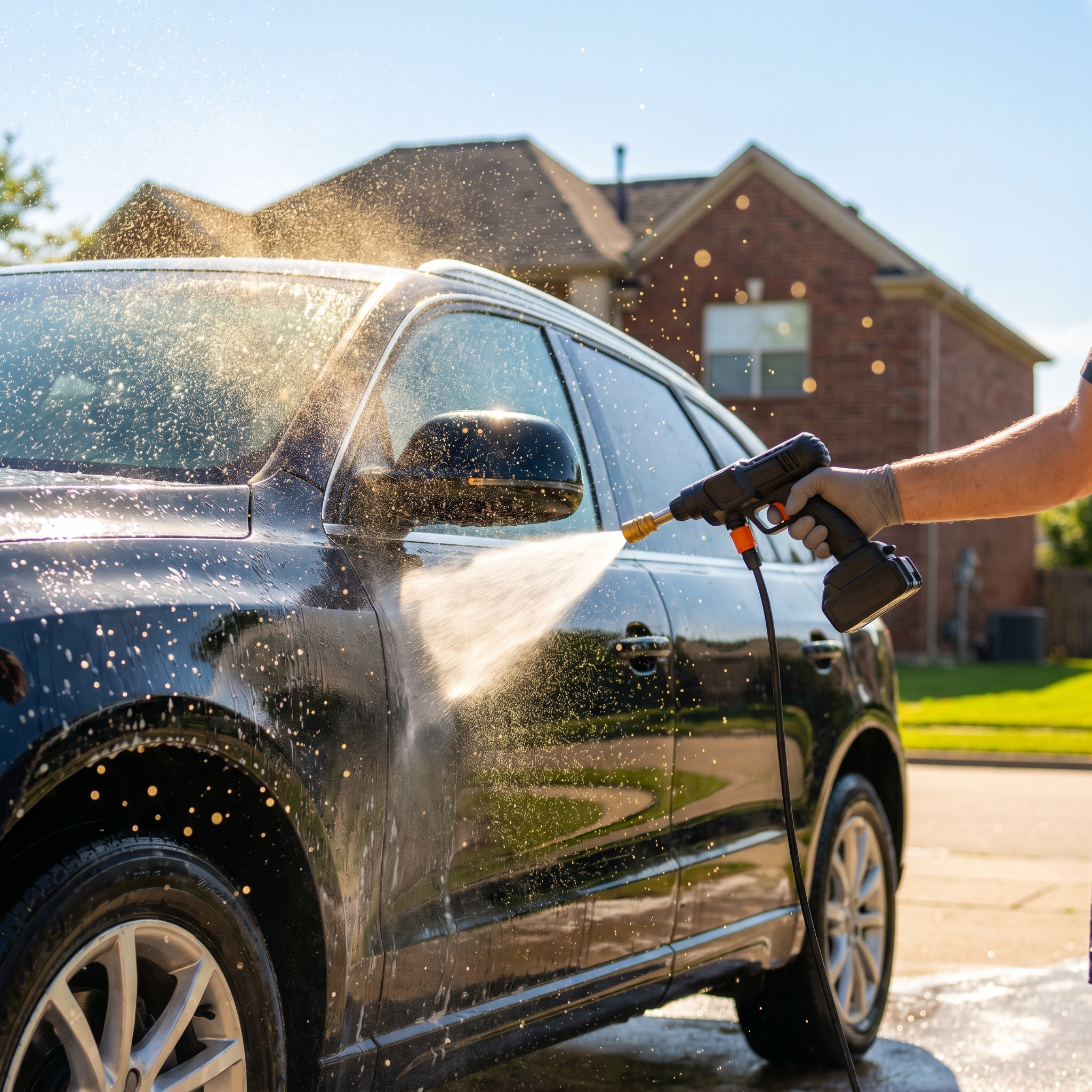 JetRinse washing car wheels — no hose required